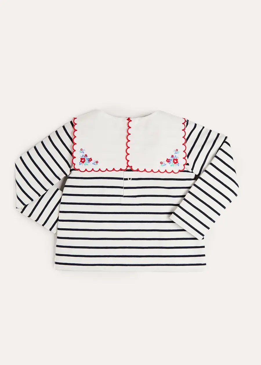 Sailor Stripe Floral Embroidered Mariner Collar Top in White (2-12yrs)