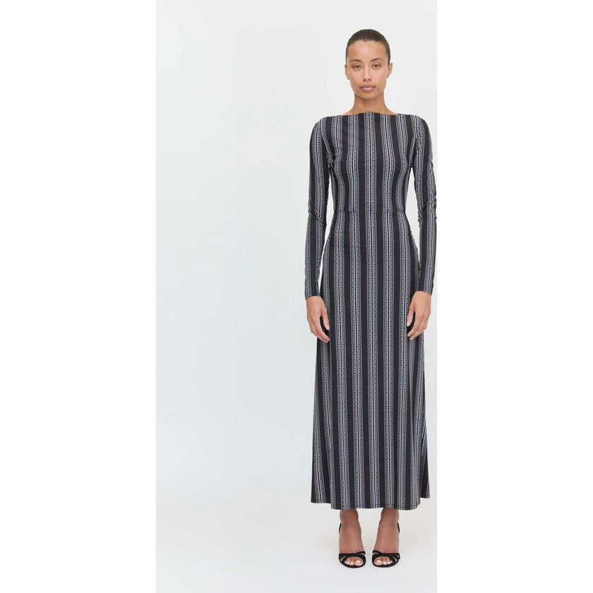 The Selene Dress - Black Cobalt Medallion Stripe