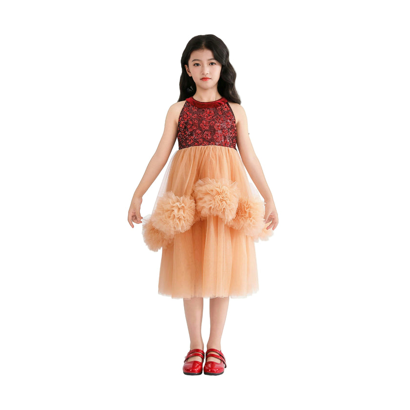 Peach Tulle Pom-Pom Dress