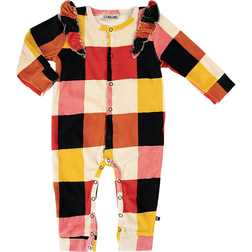 Checkered Pattern Velvet Ruffle Shoulder Long Sleeve Snap Romper