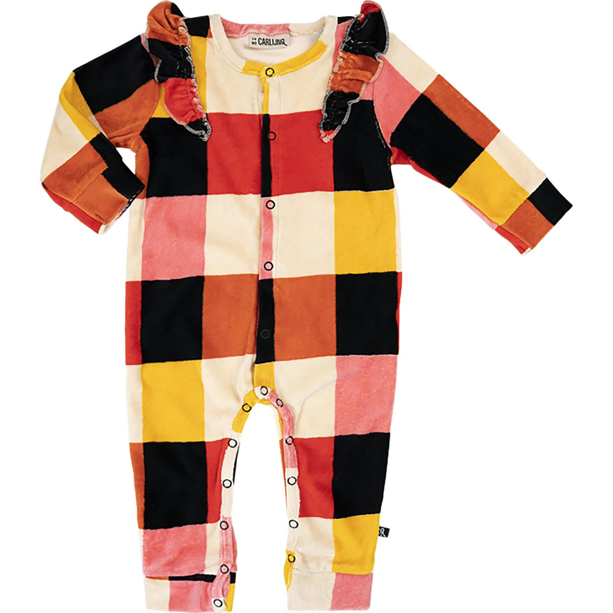 Checkered Pattern Velvet Ruffle Shoulder Long Sleeve Snap Romper