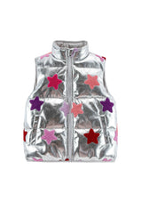 Remy Metallic Patch Puffer Vest, Silver Stars
