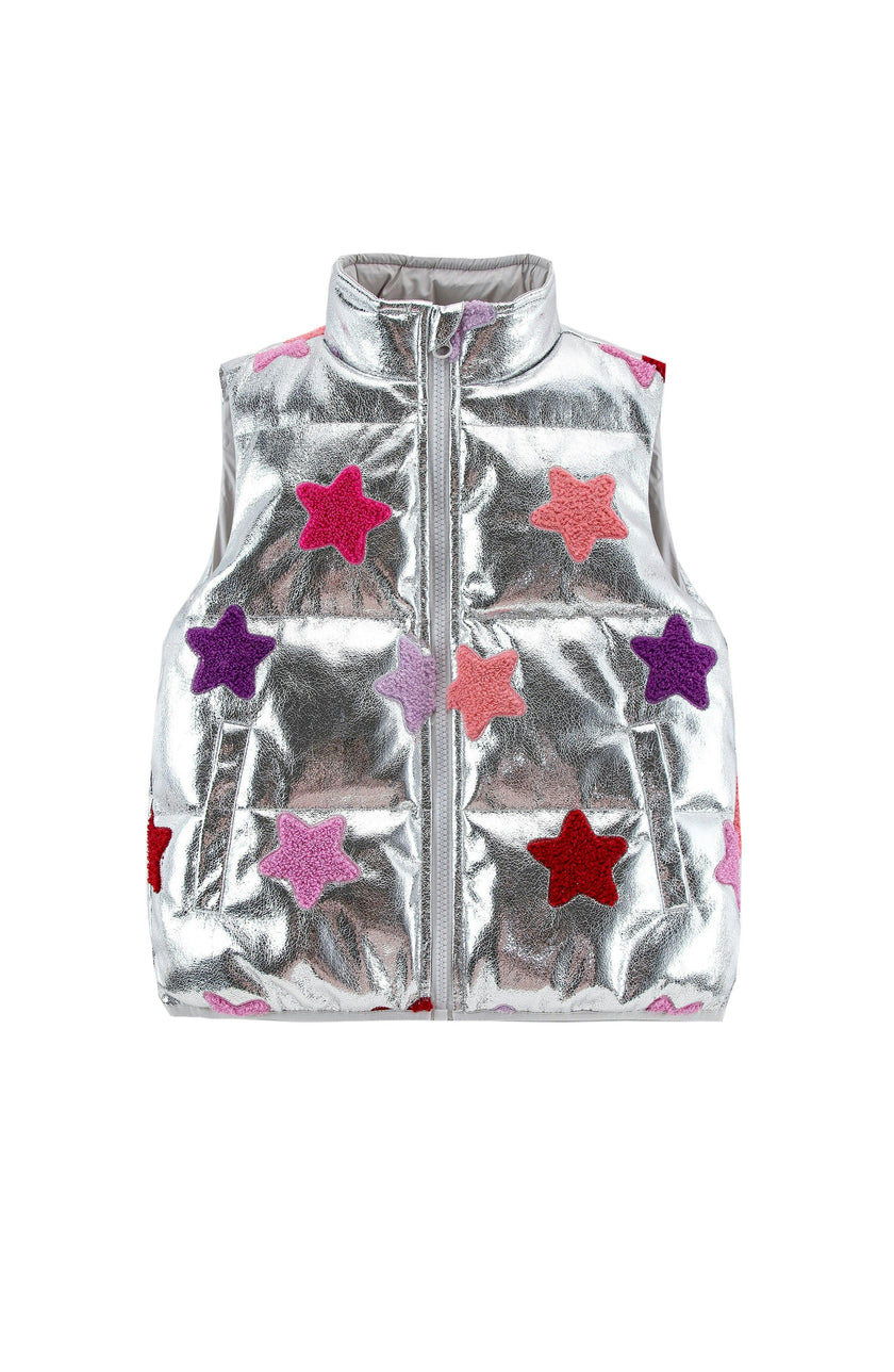Remy Metallic Patch Puffer Vest, Silver Stars