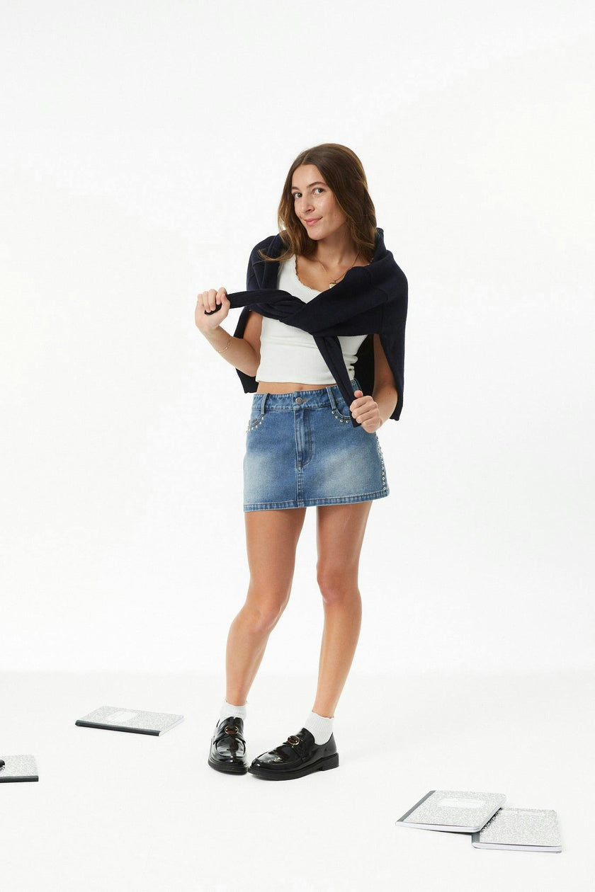 Cooper Light Wash Denim With Studs Skirt