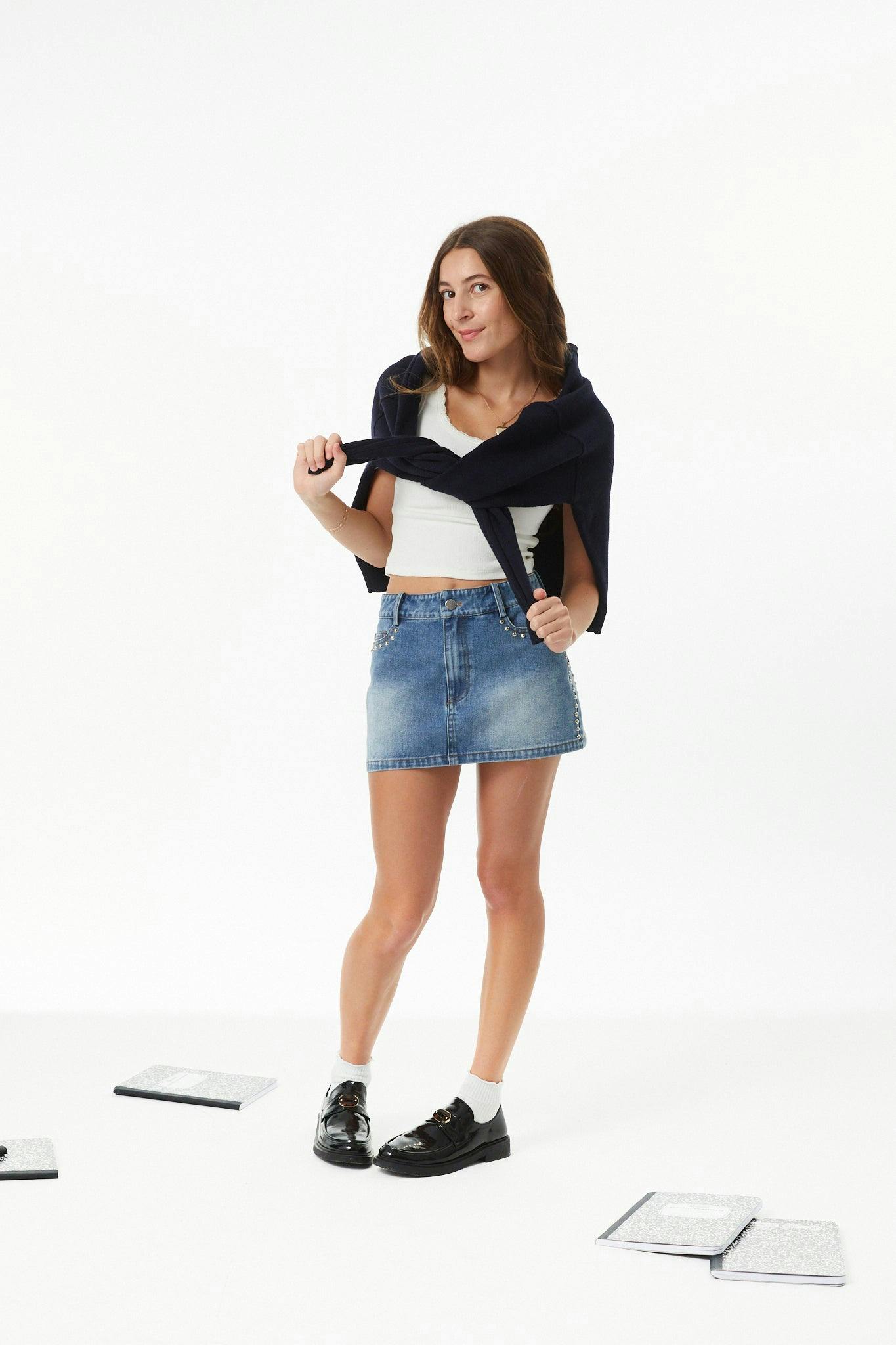 Cooper Light Wash Denim With Studs Skirt