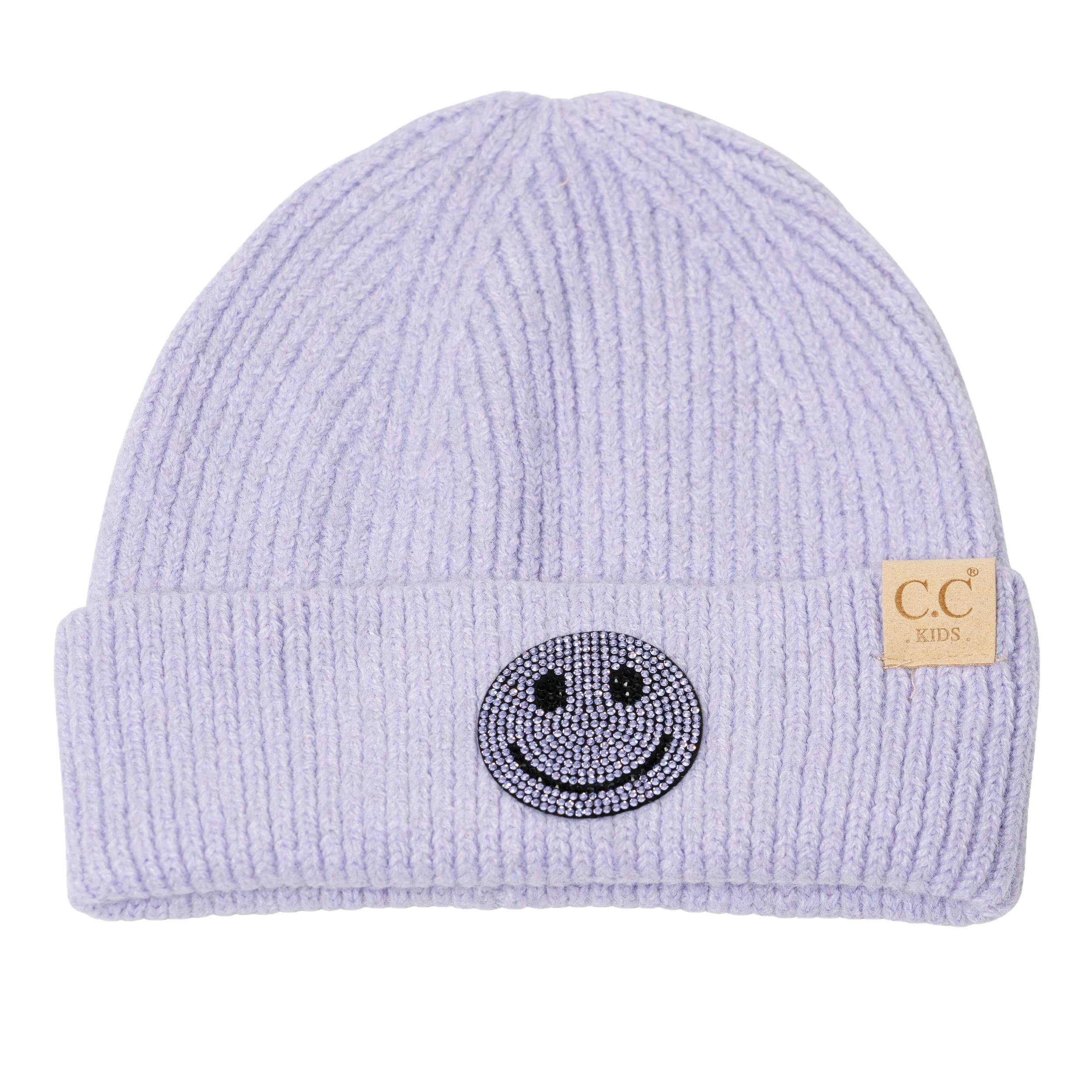 Little Girl's (4-6x) Solid Color Beanie with Rhinestone Happy Face Patch