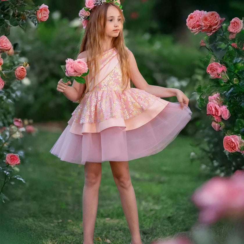 Rosy Bloom Off-Shoulder Sequin Party Dress