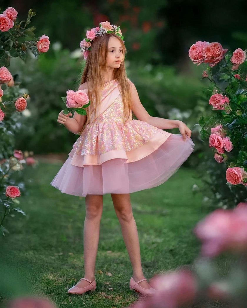 Rosy Bloom Off-Shoulder Sequin Birthday Dress for Girls