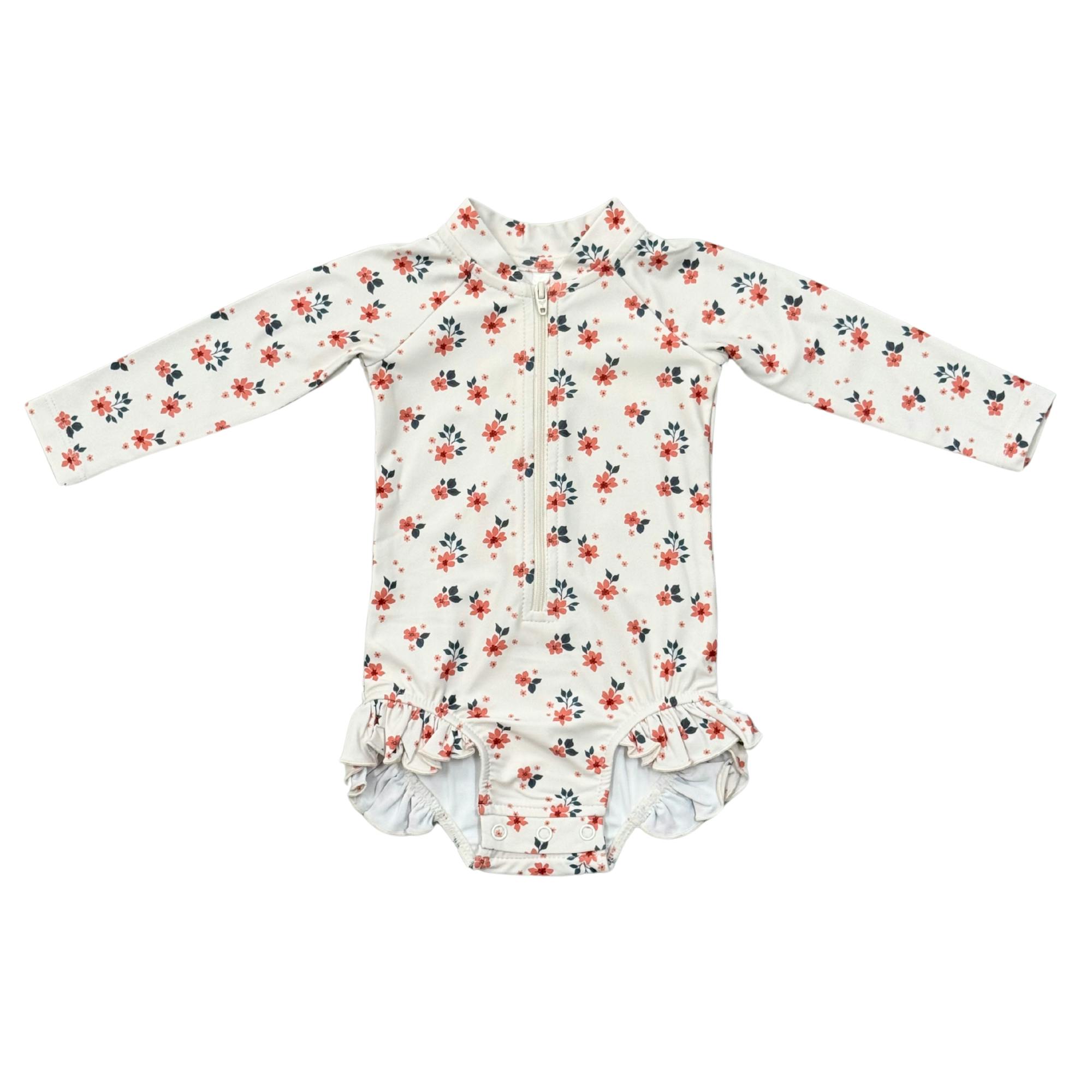 Girls One-Piece Ruffle Rash Guard Swimsuit in Zoey Daisy