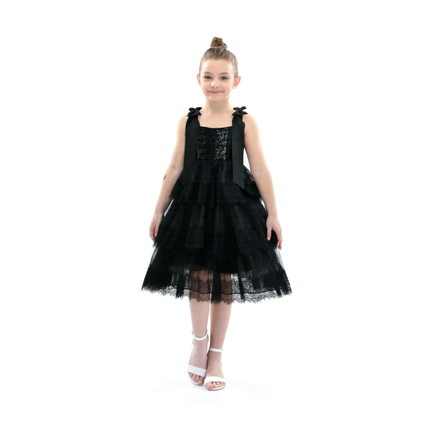 Black Ruffle Sleeveless Bow Dress