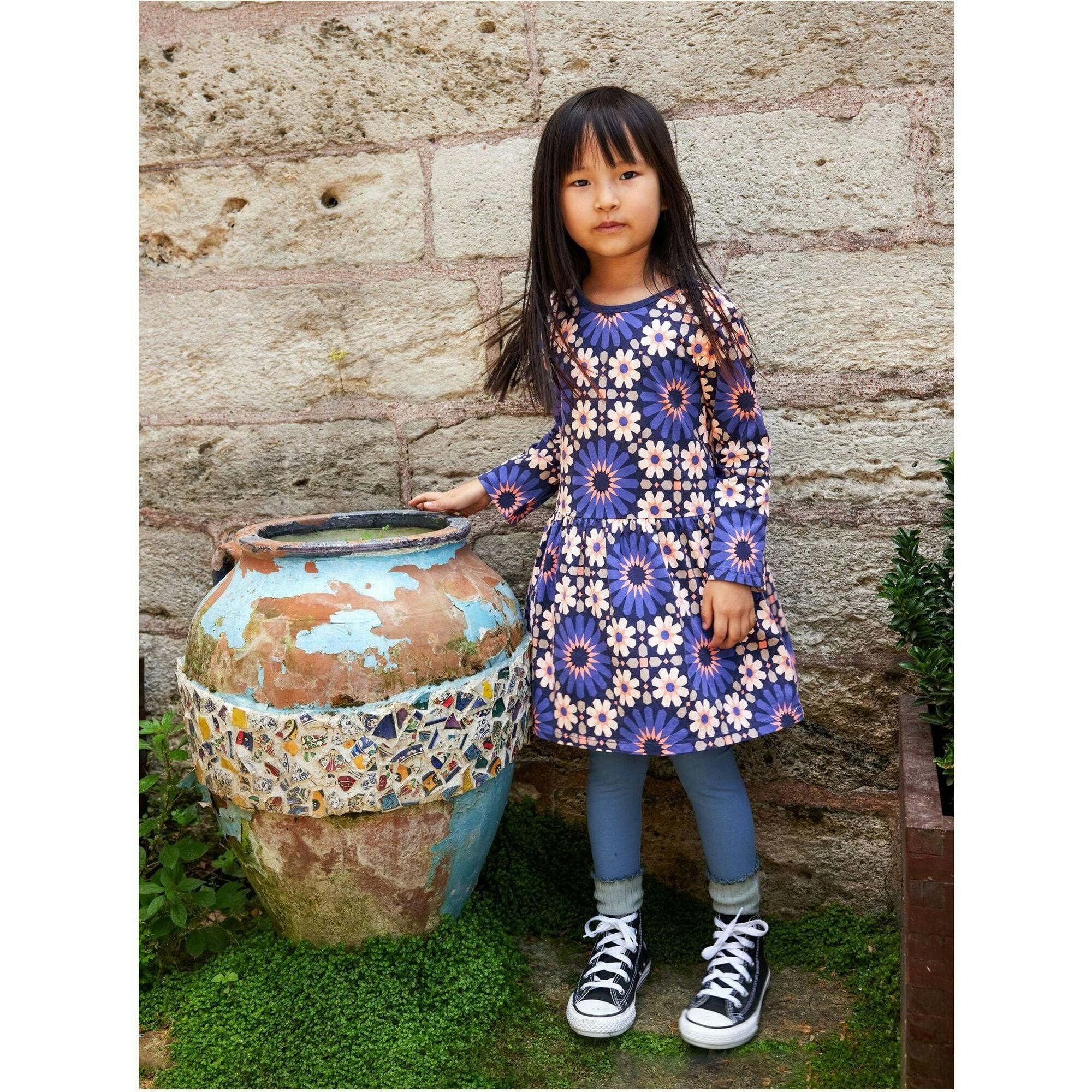 Crew Neck Long Sleeve Gathered Skirt Dress, Multi