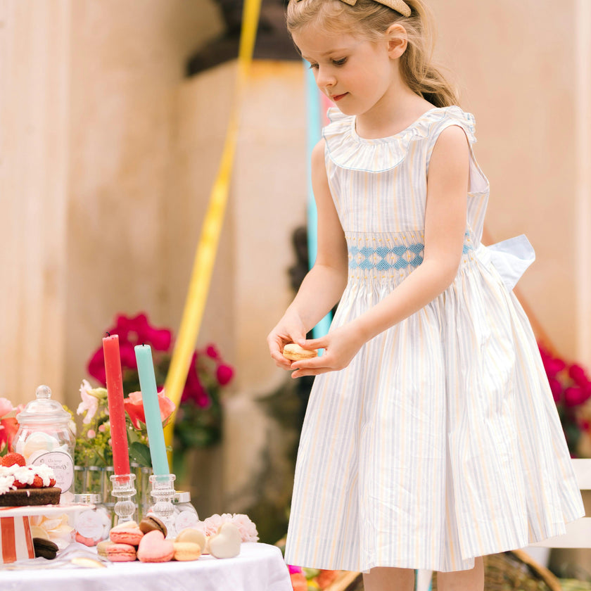 Capucine Blue Yellow Stripe Sleeveless Smocked Dress