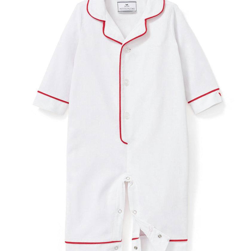 Baby's Twill Romper in White with Red Piping