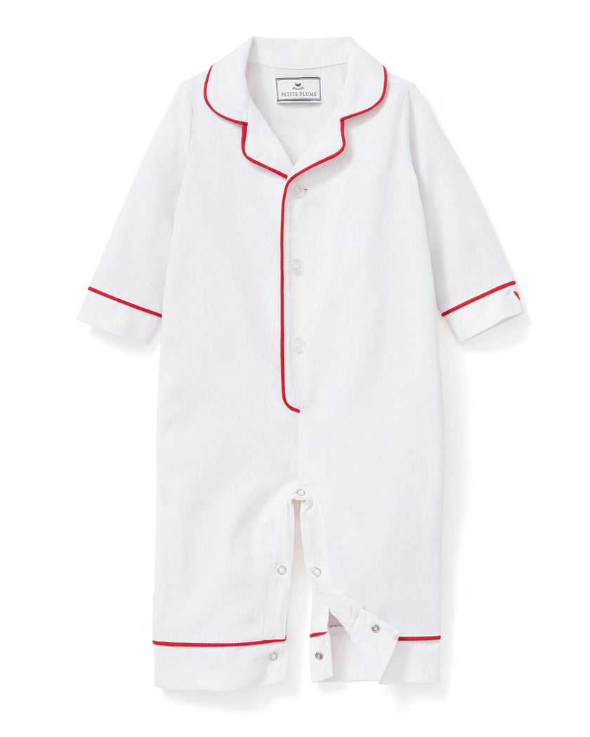 Baby's Classic Twill Romper in White with Red Piping