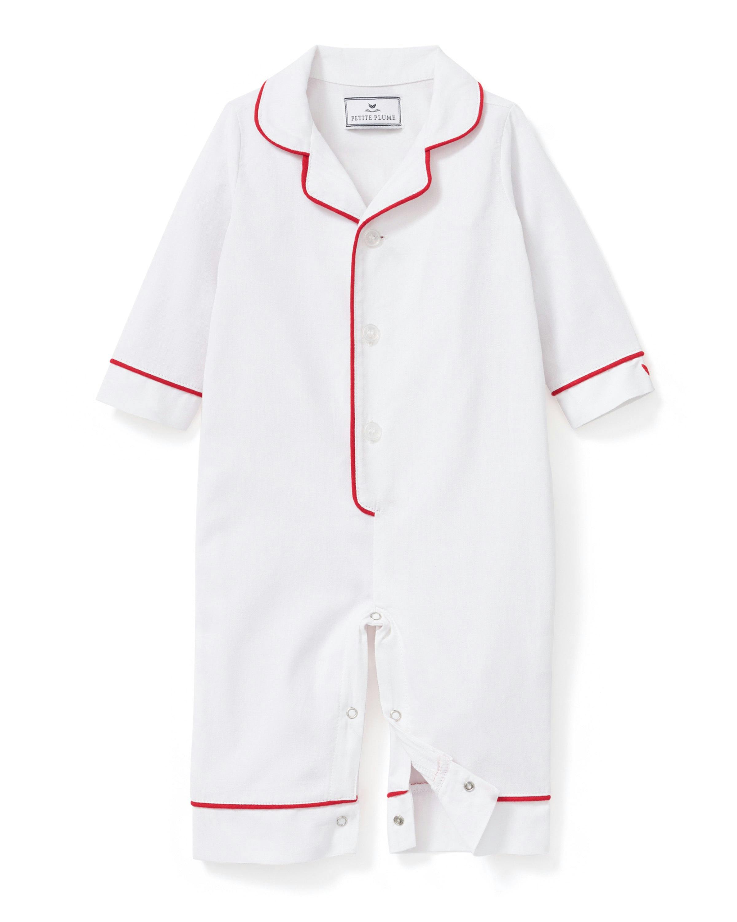 Baby's Classic Twill Romper in White with Red Piping