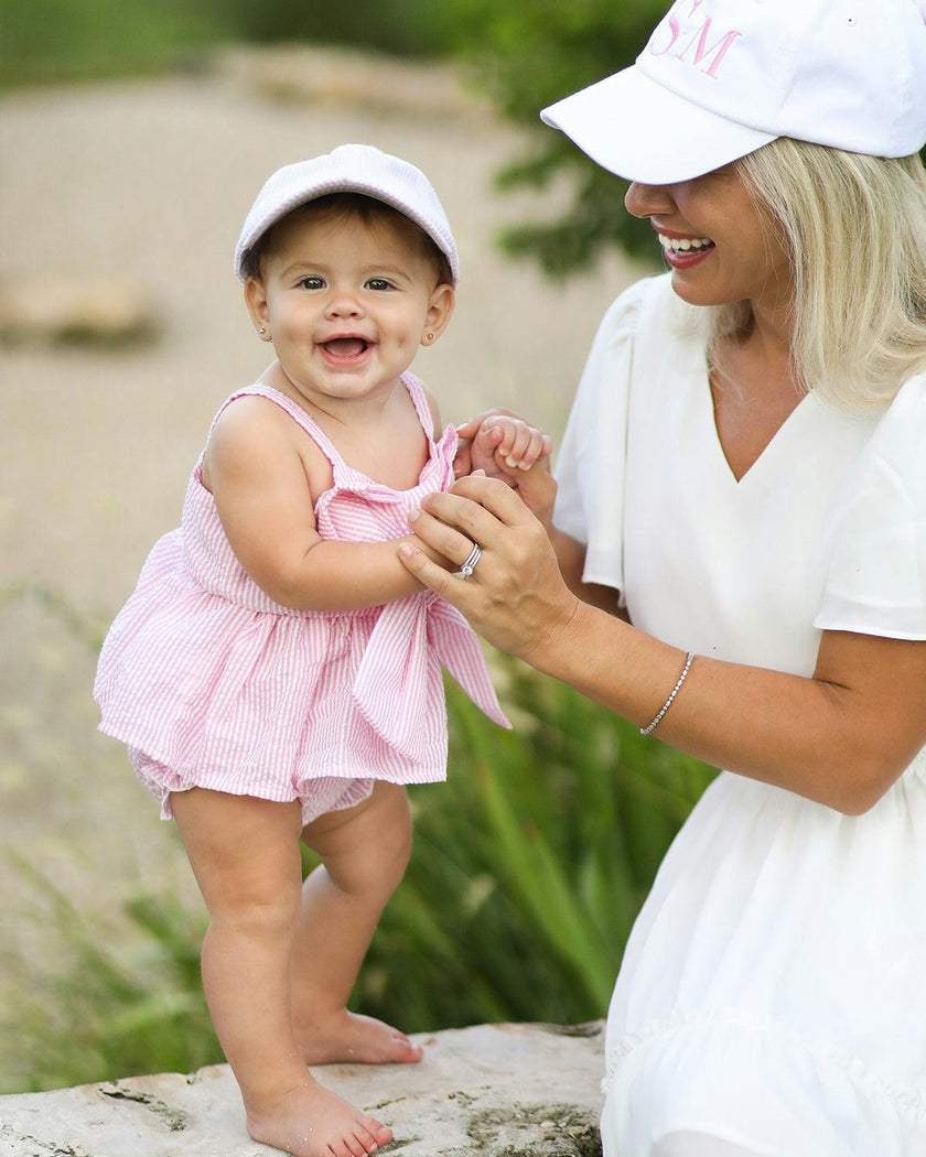 Customizable Bow Baseball Hat in Pink Seersucker (Baby/Toddler, Youth)