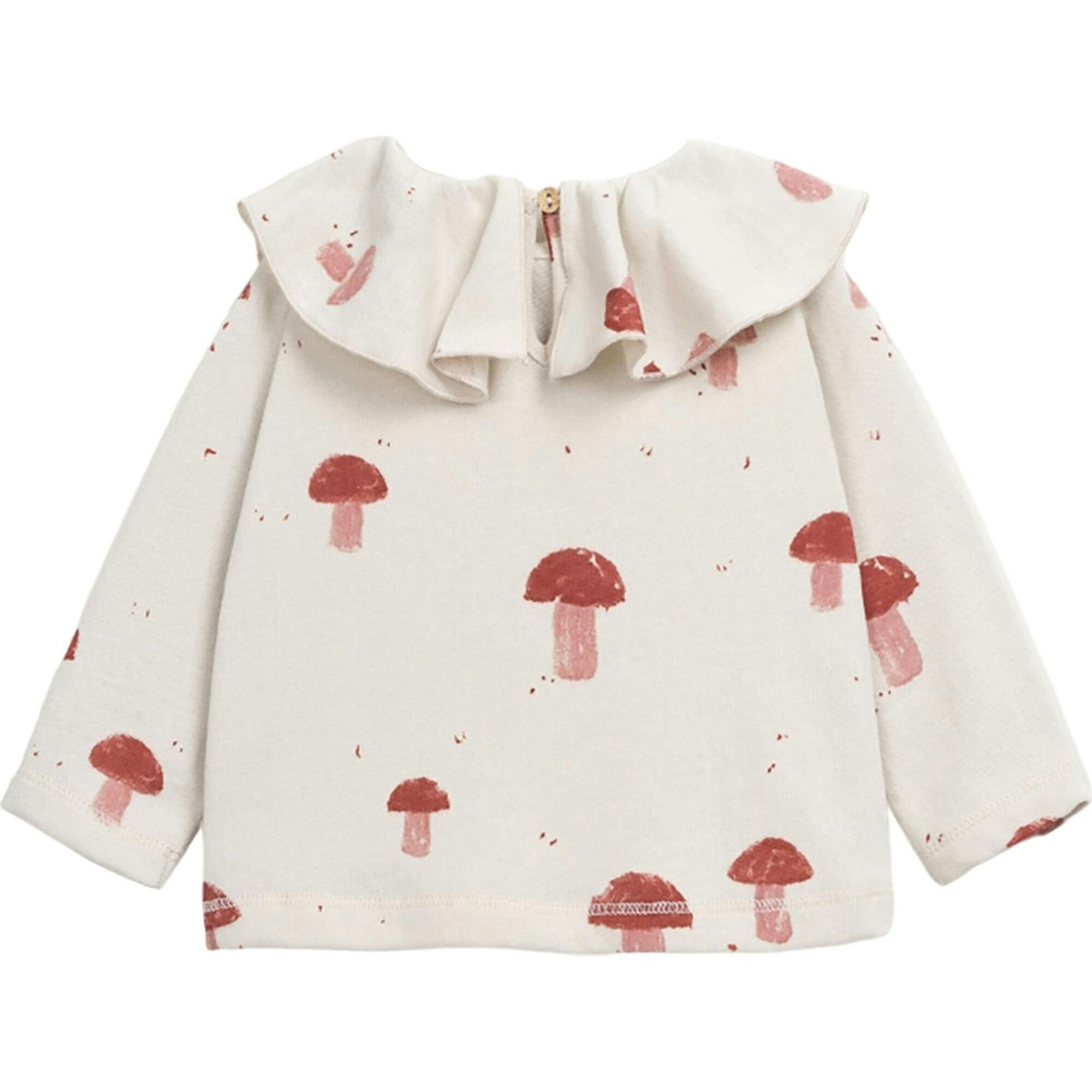 Mushroom Print Round Ruffle Collar Long Sleeve Back Button T-Shirt