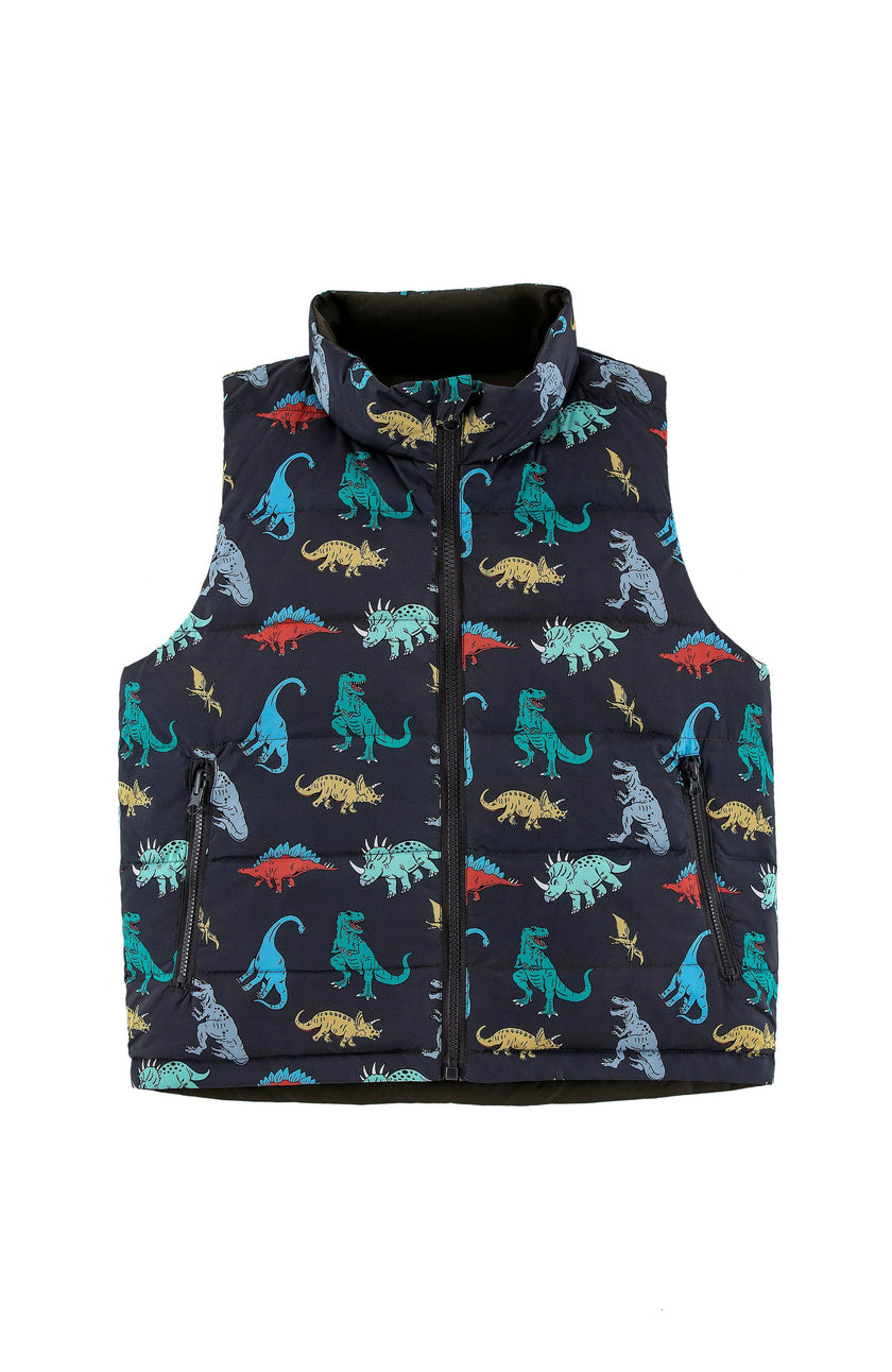 Casey Reversible Lightweight Down Puffer Vest, Dinosaur Dudes