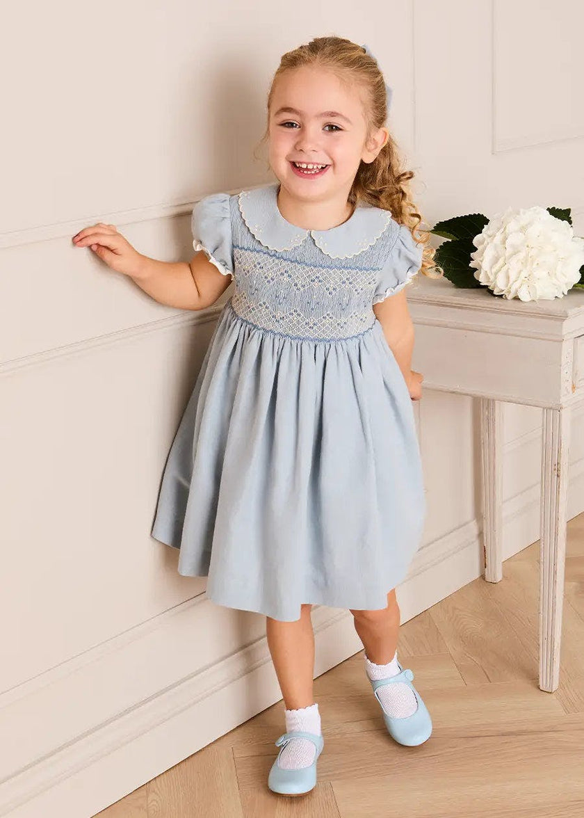 Hand Smocked Peter Pan Collar Short Sleeve Dress in Sky Blue (12mths-10yrs)