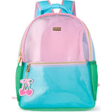 Colorblock Clear Backpack by Packed Party | Pink Glitter Panel, Blue Bow, Cherry Bag Charm | 17" Cute Backpack for Girls