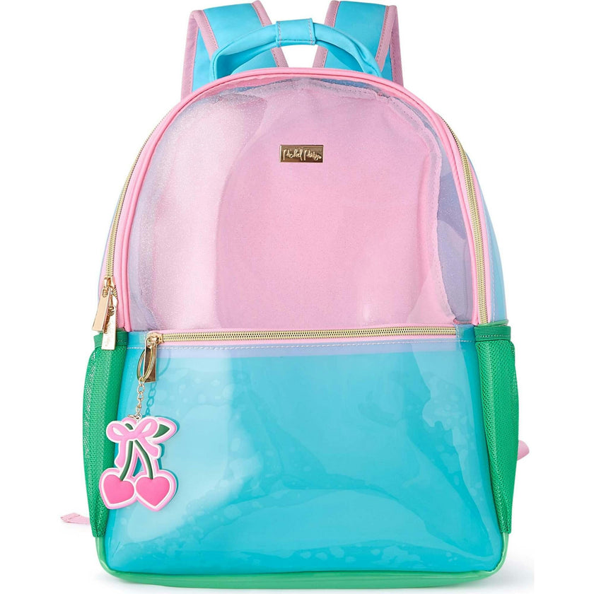Colorblock Clear Backpack by Packed Party | Pink Glitter Panel, Blue Bow, Cherry Bag Charm | 17" Cute Backpack for Girls