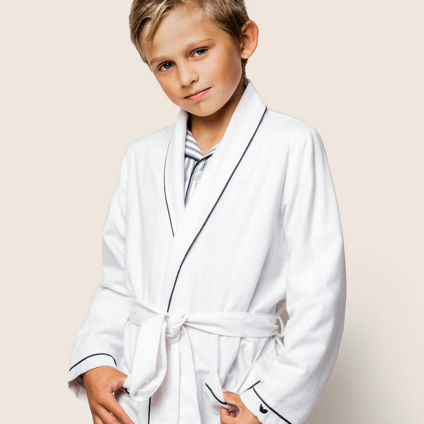 Kid's Flannel Robe in White with Navy Piping