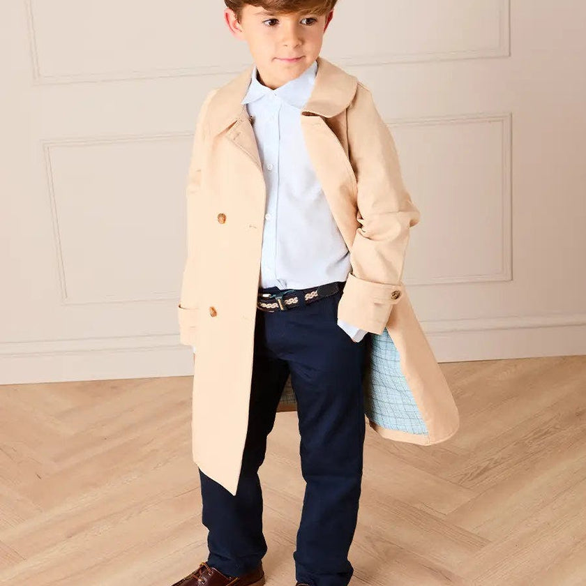 Double Breasted George Check Lined Rain Coat With Detachable Hood in Beige (2-10yrs)