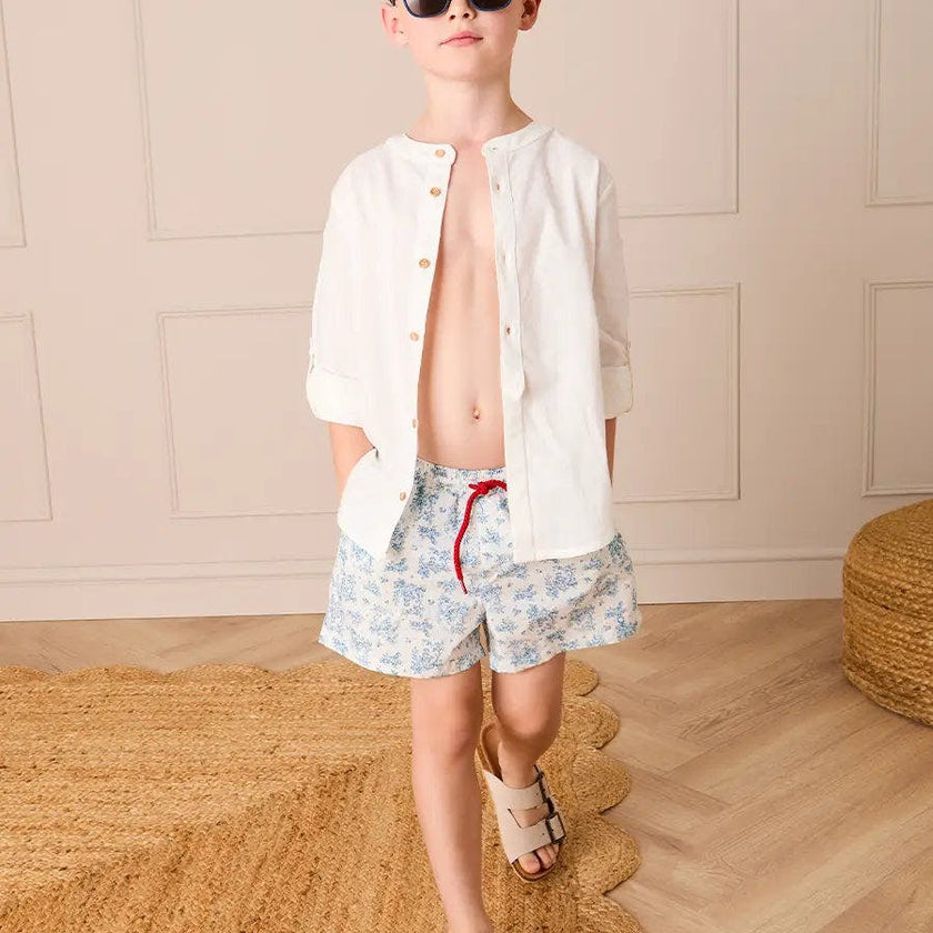Audrey Toile Drawstring Swim Shorts in Blue (12mths- 10yrs)