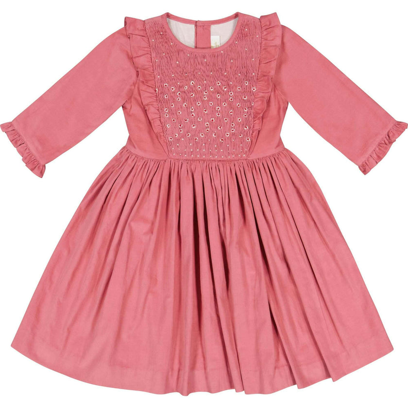 Angele Pink Corduroy Long Sleeve Smocked Dress