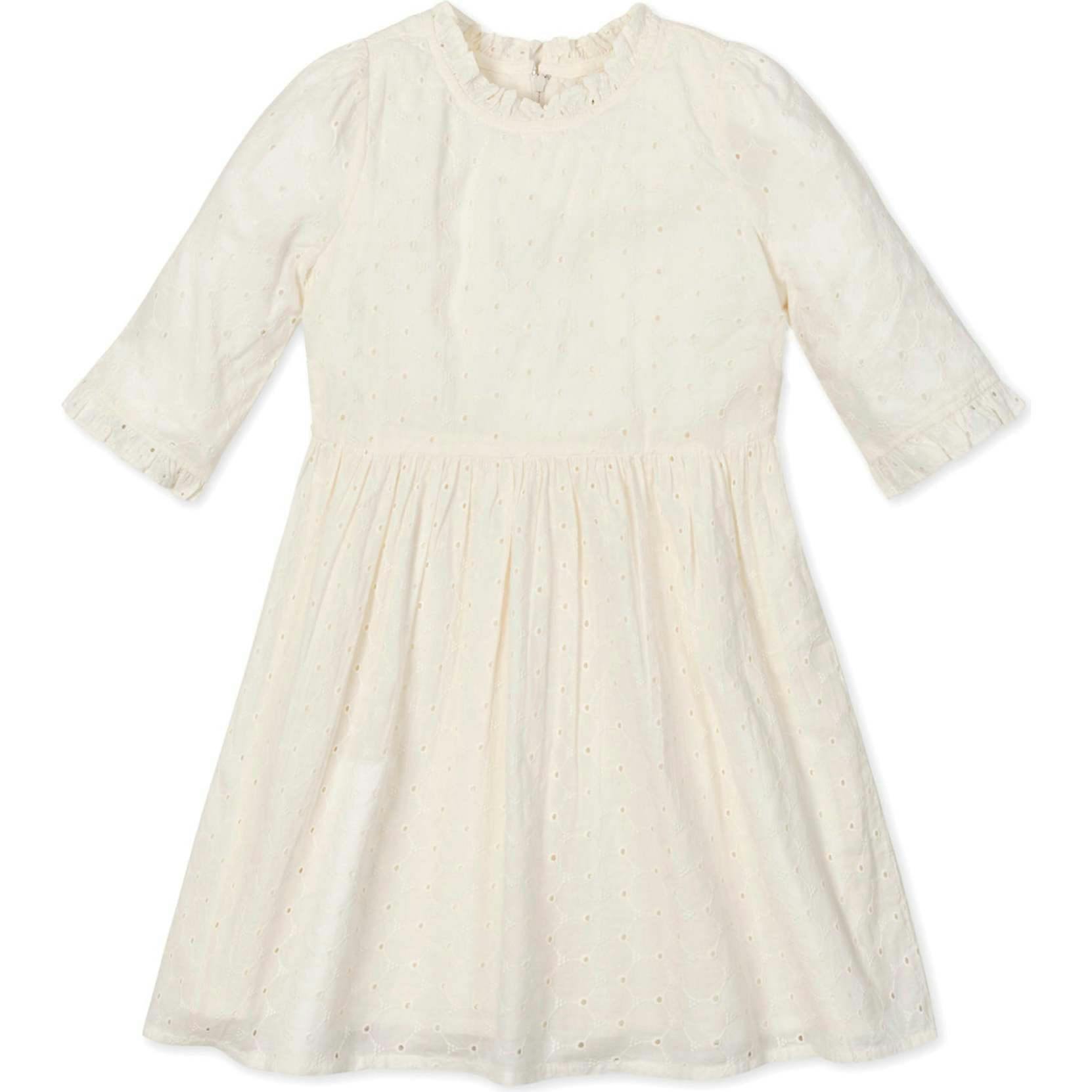 Organic Flutter Sleeve Tiered Eyelet Dress, White