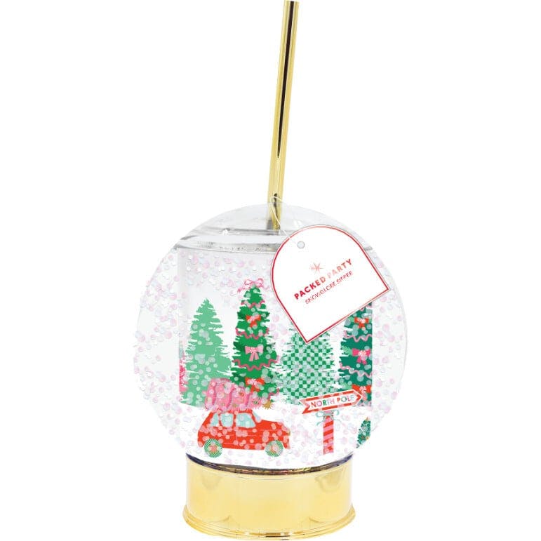 Packed Party Patented Snow Globe Holiday Sipper - 12 oz BPA-Free Shakeable Winter Wonderland Confetti Cup with Printed Christmas Scene and Gold Straw