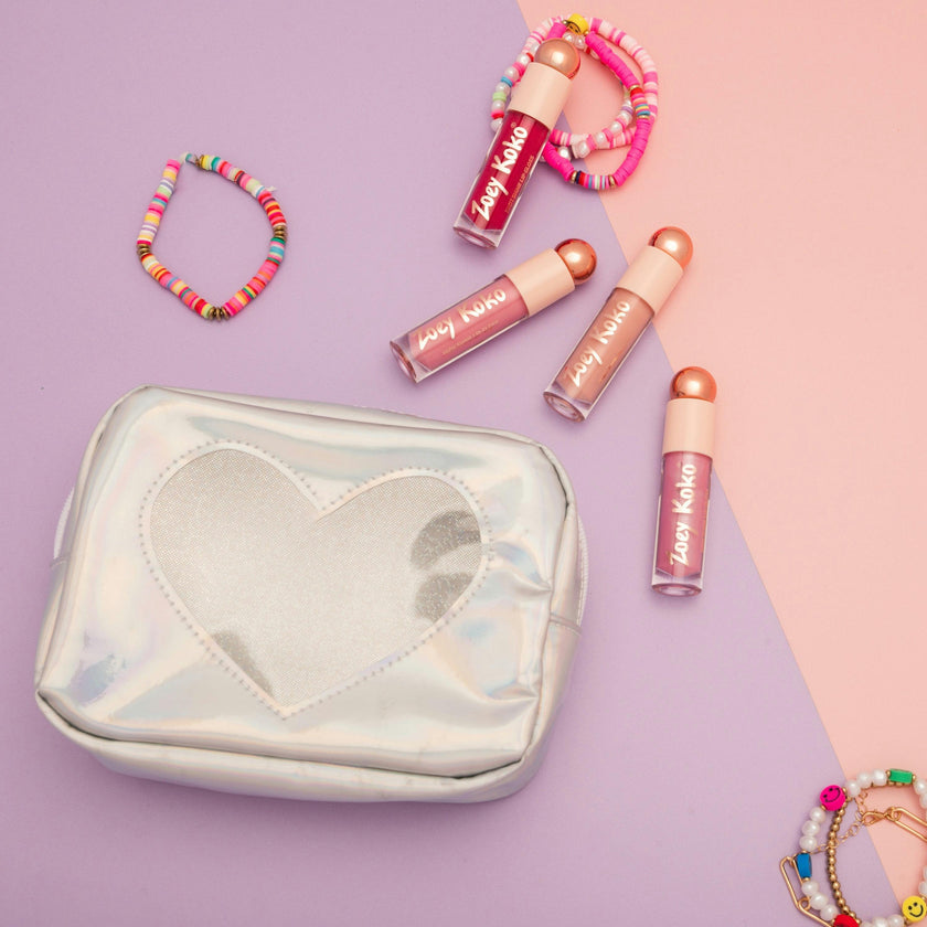 Holographic Glitter Heart Cosmetic Bag