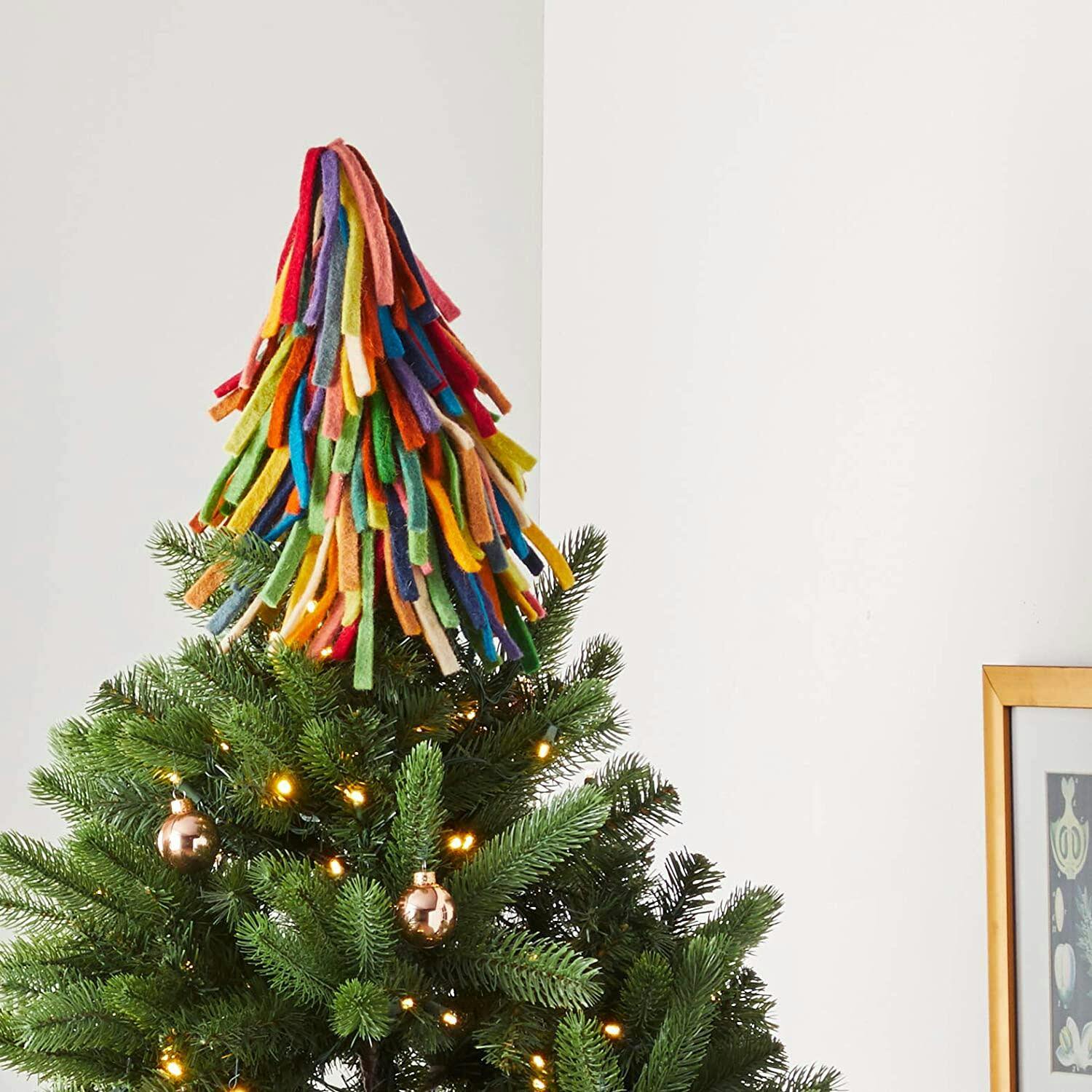 Handmade Hand Felted Wool Christmas Tree Topper - Multicolor Fringe
