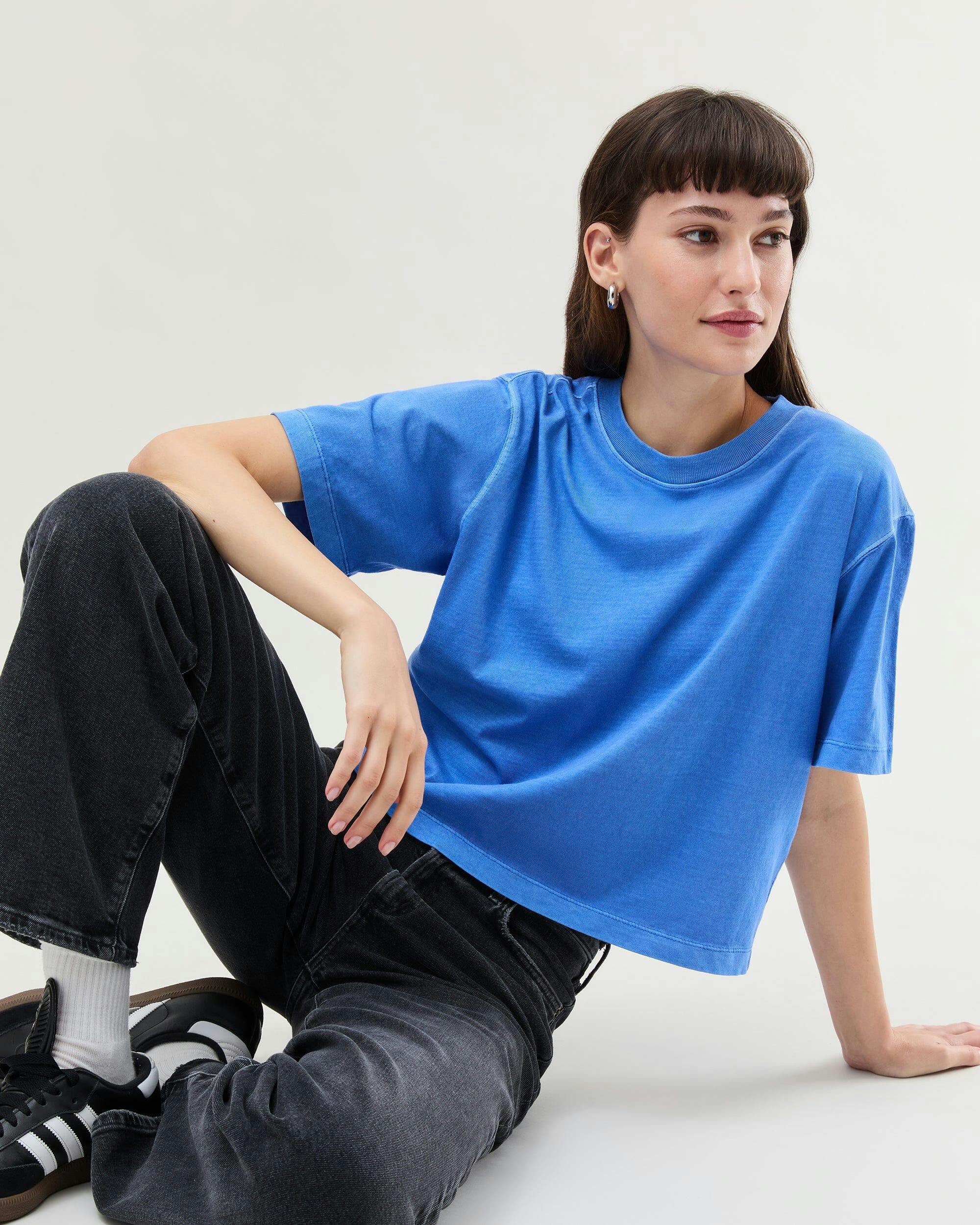 Womens Relaxed Crop Tee - Pigment Dye Jersey - Pop Blue