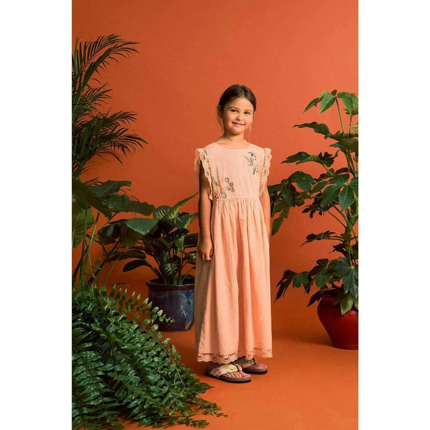 BIRDS EMBROIDERED DRESS PEACH