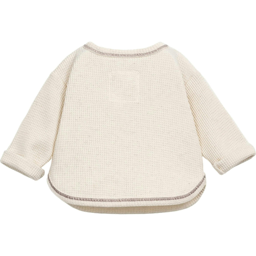 Contrast Hem Waffle Knit Henley Neck Long Sleeve 2-Front Button T-Shirt