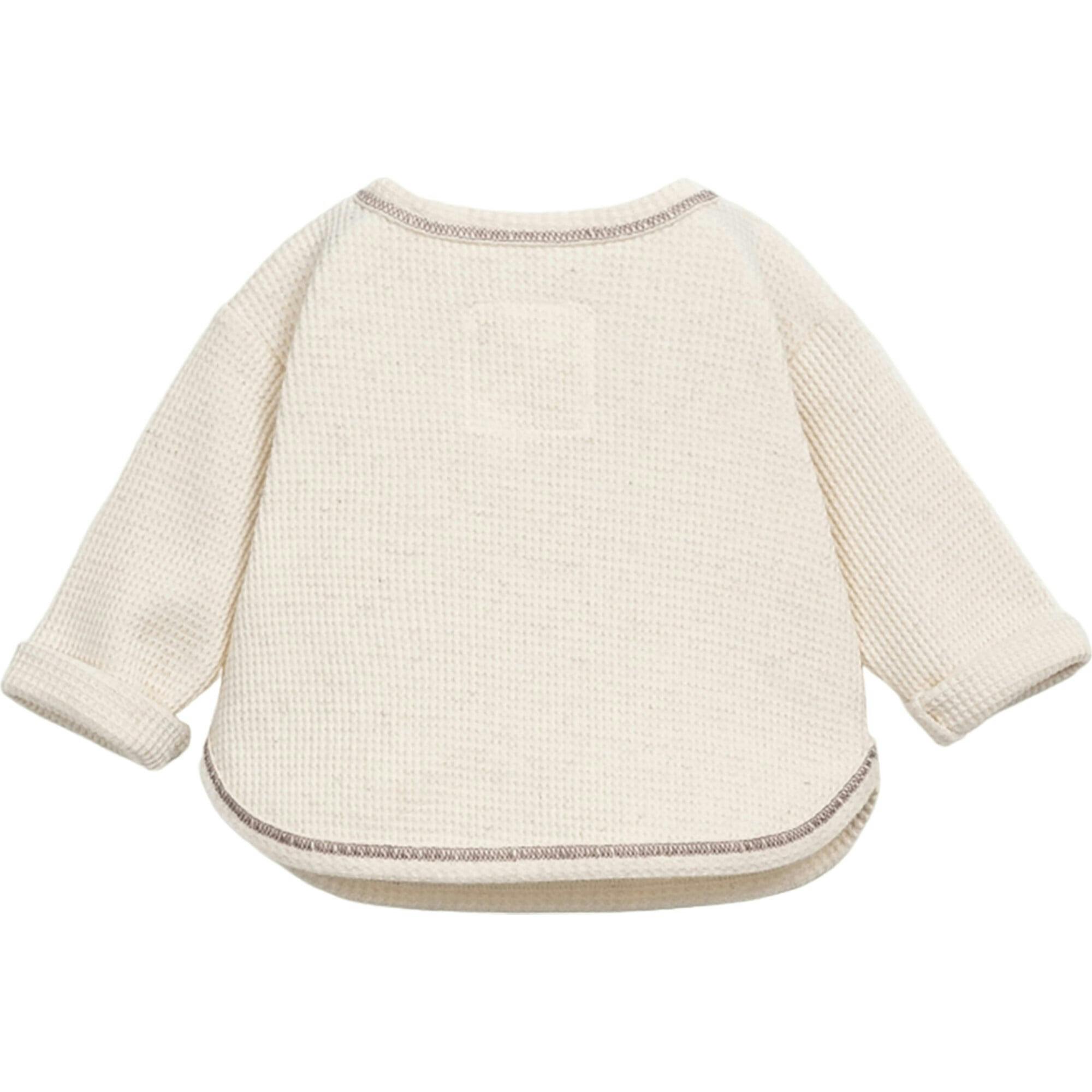 Contrast Hem Waffle Knit Henley Neck Long Sleeve 2-Front Button T-Shirt