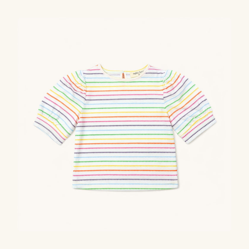 Puff Sleeve Tee in Rainbow Heart Stripe