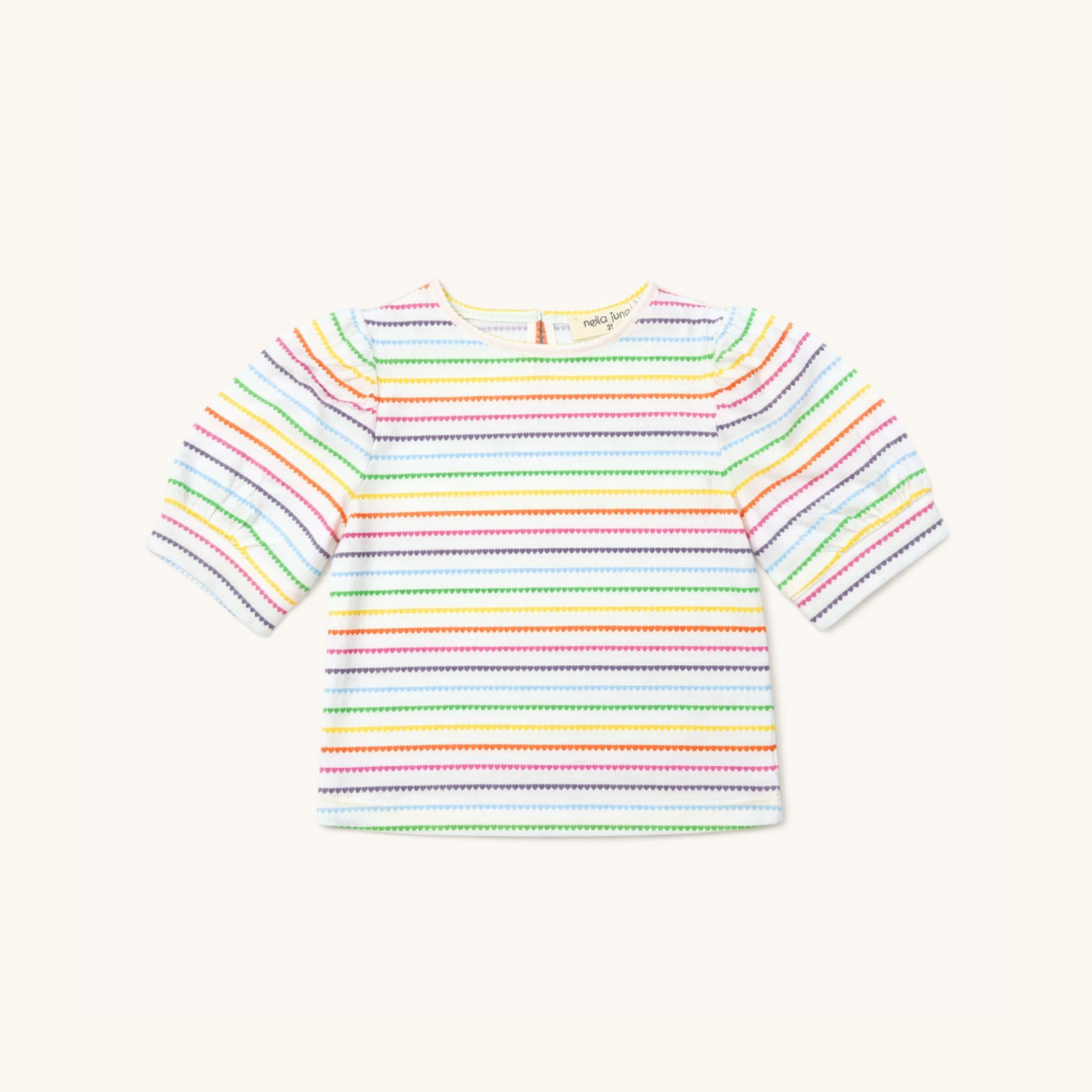 Puff Sleeve Tee in Rainbow Heart Stripe
