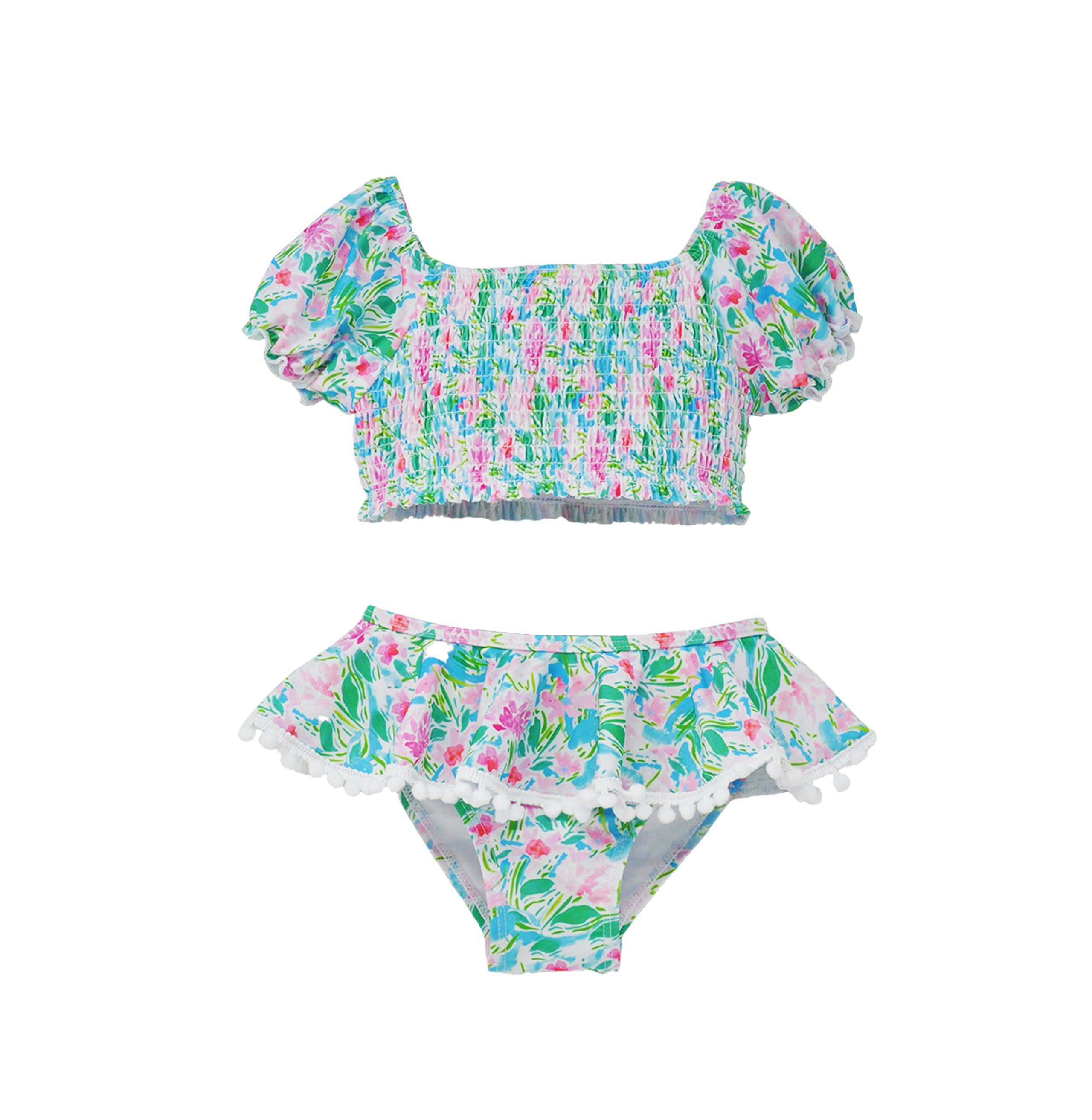 UPF 50+ Gemma Two-Piece Smocked Pom-Pom Swimsuit