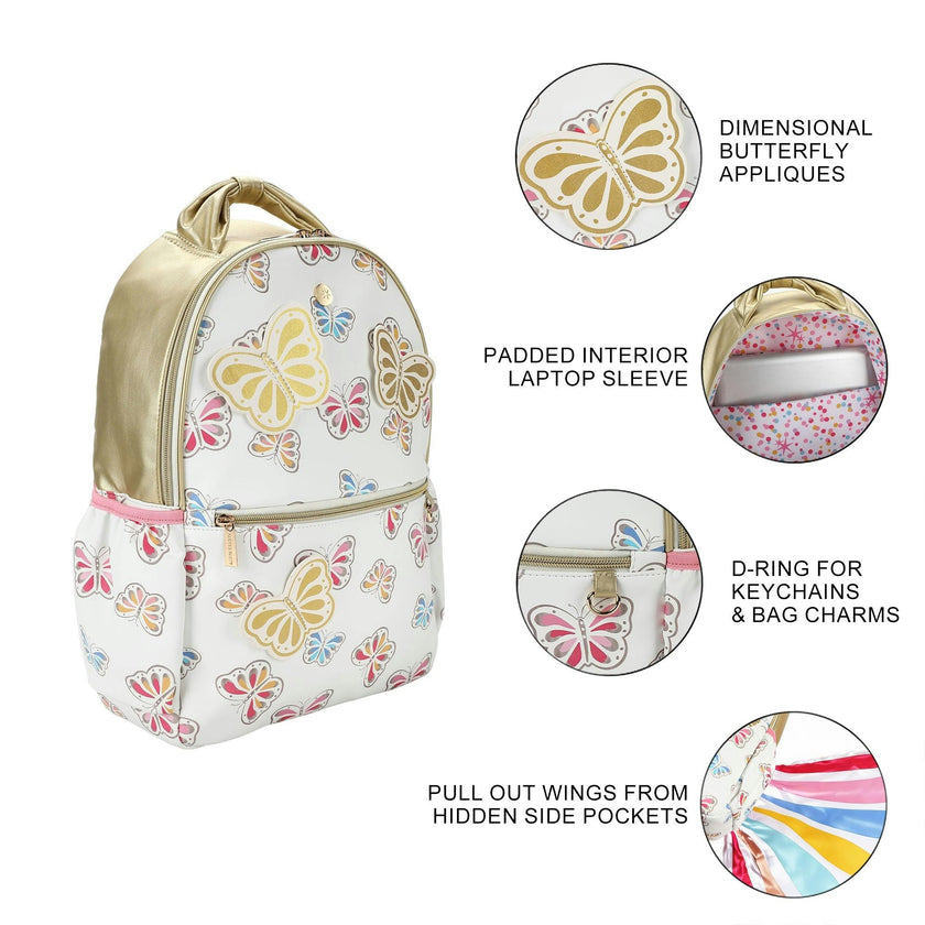 White and Gold Butterfly Backpack with Tuckaway Wings