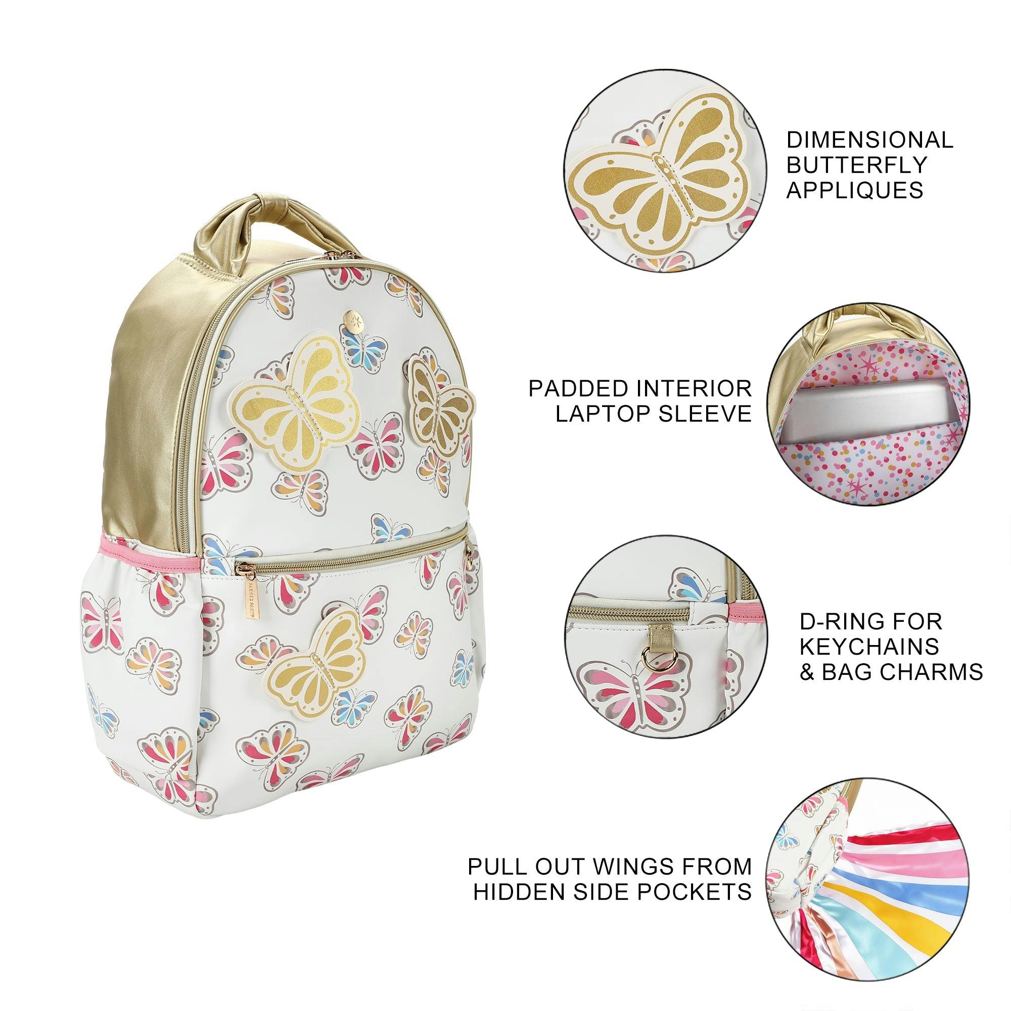 White and Gold Butterfly Backpack with Tuckaway Wings