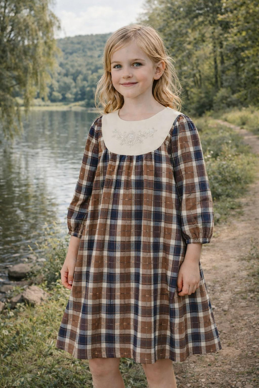 Embroidered Windowpane Long Sleeve Dress