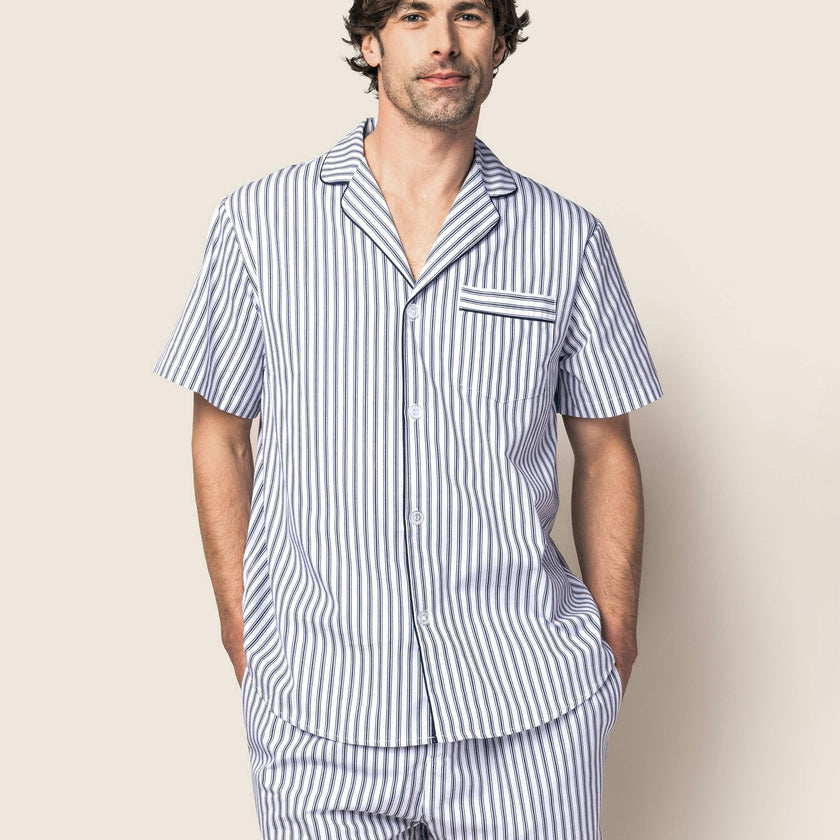Men's Twill Pajama Short Set in Navy French Ticking