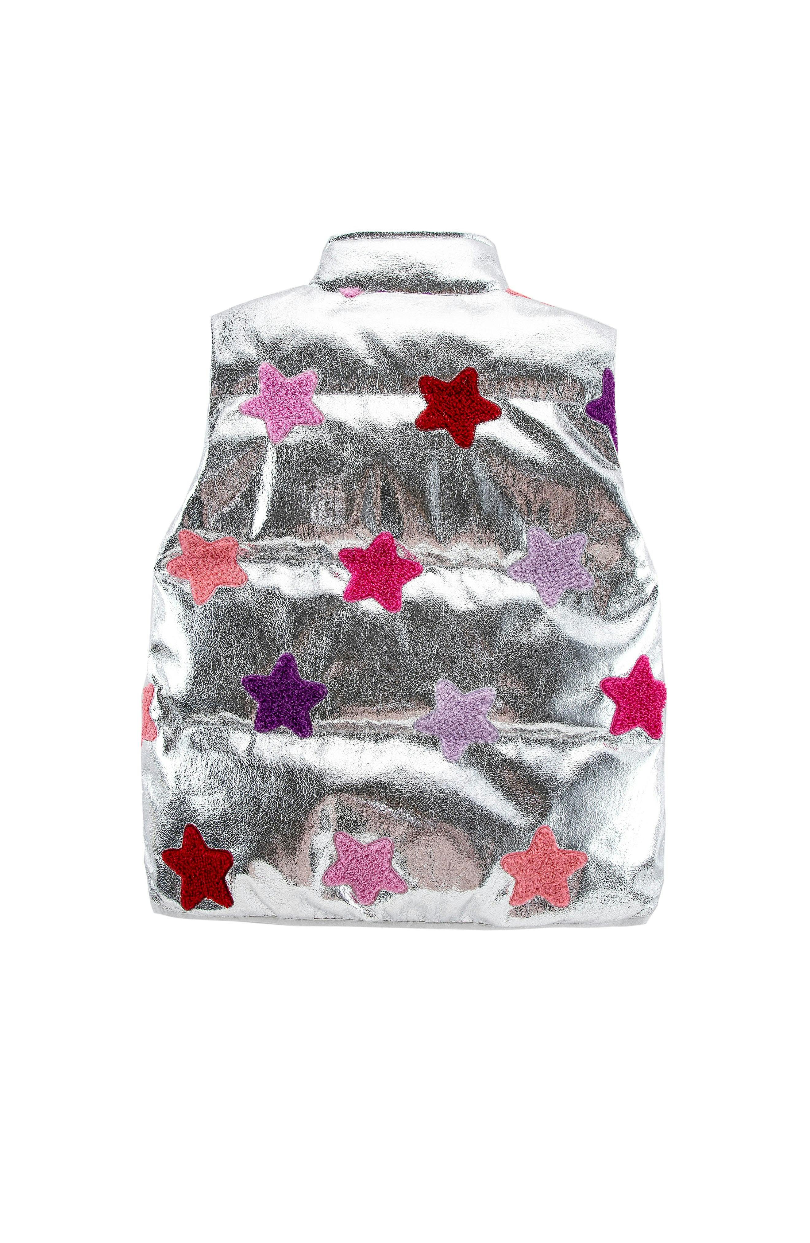 Remy Metallic Patch Puffer Vest, Silver Stars
