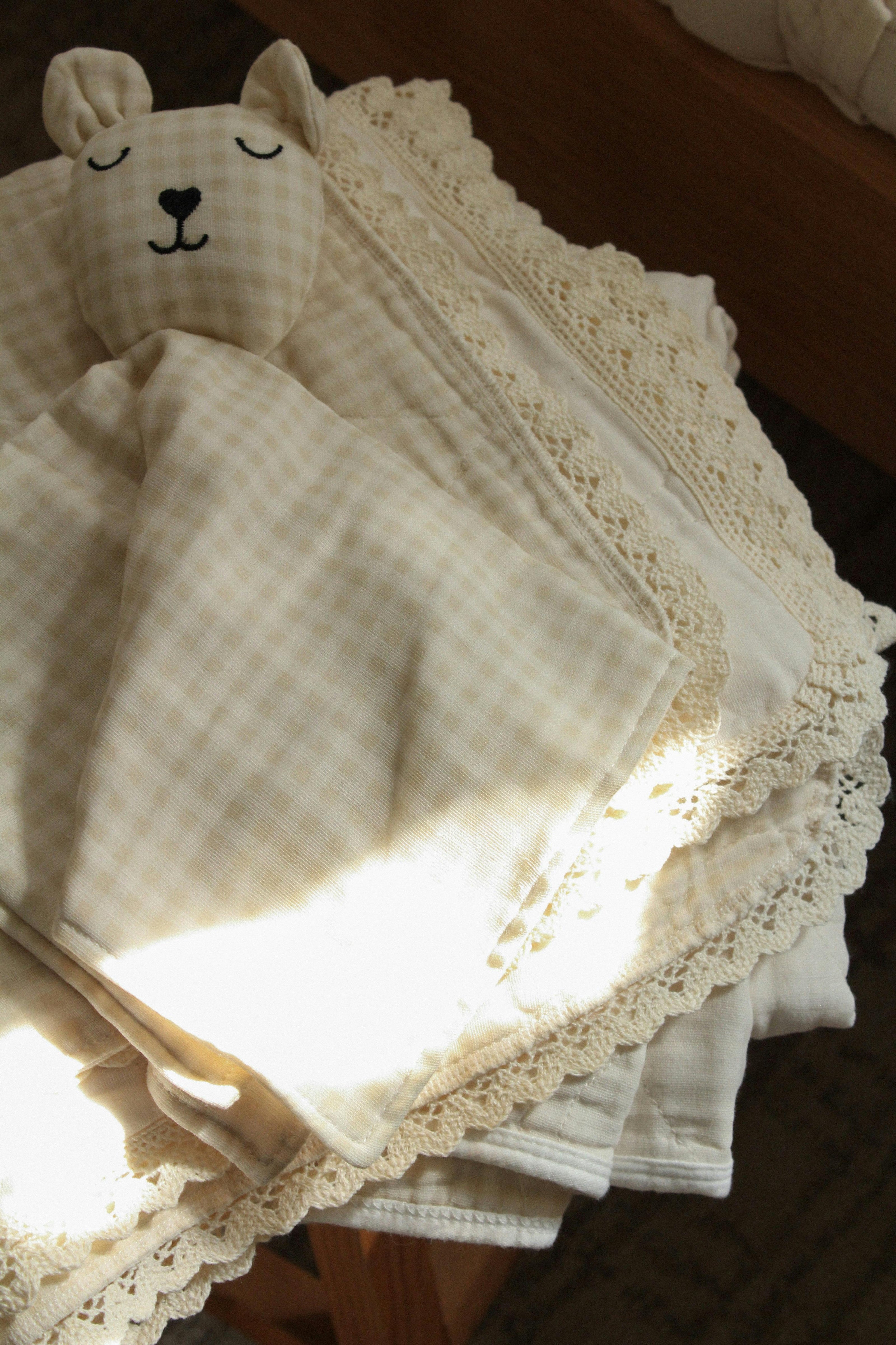 Cream Solids + Gingham Blanket + Bear Lovey SET