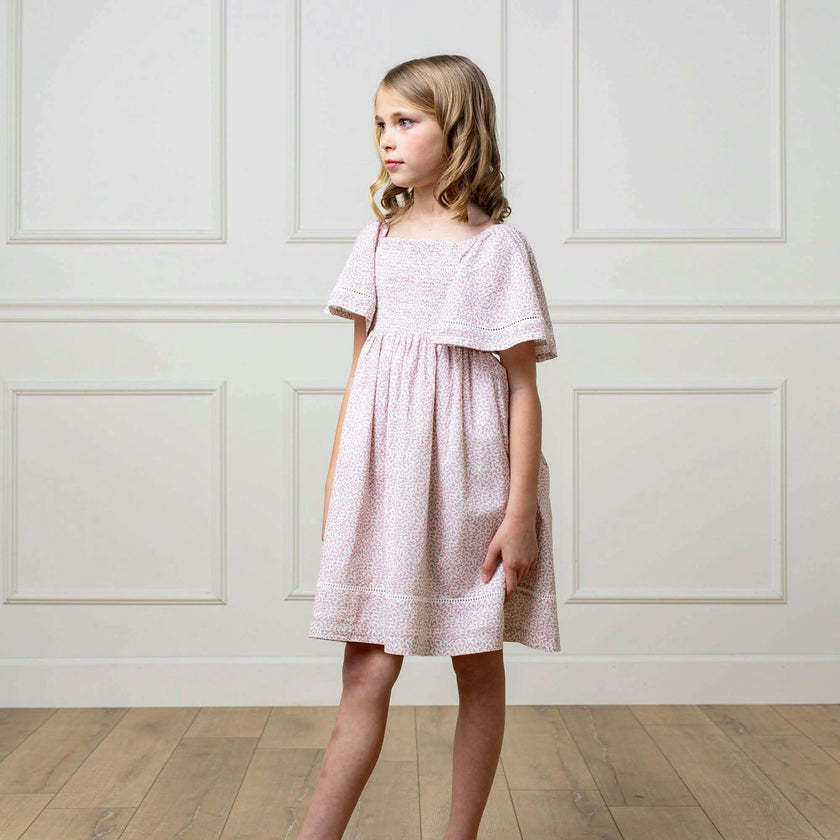 Organic Smocked Bell Sleeve Dress, Pink