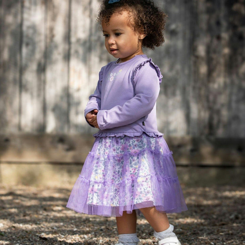 Bi-Material Dress with Muslin and Mesh Skirt