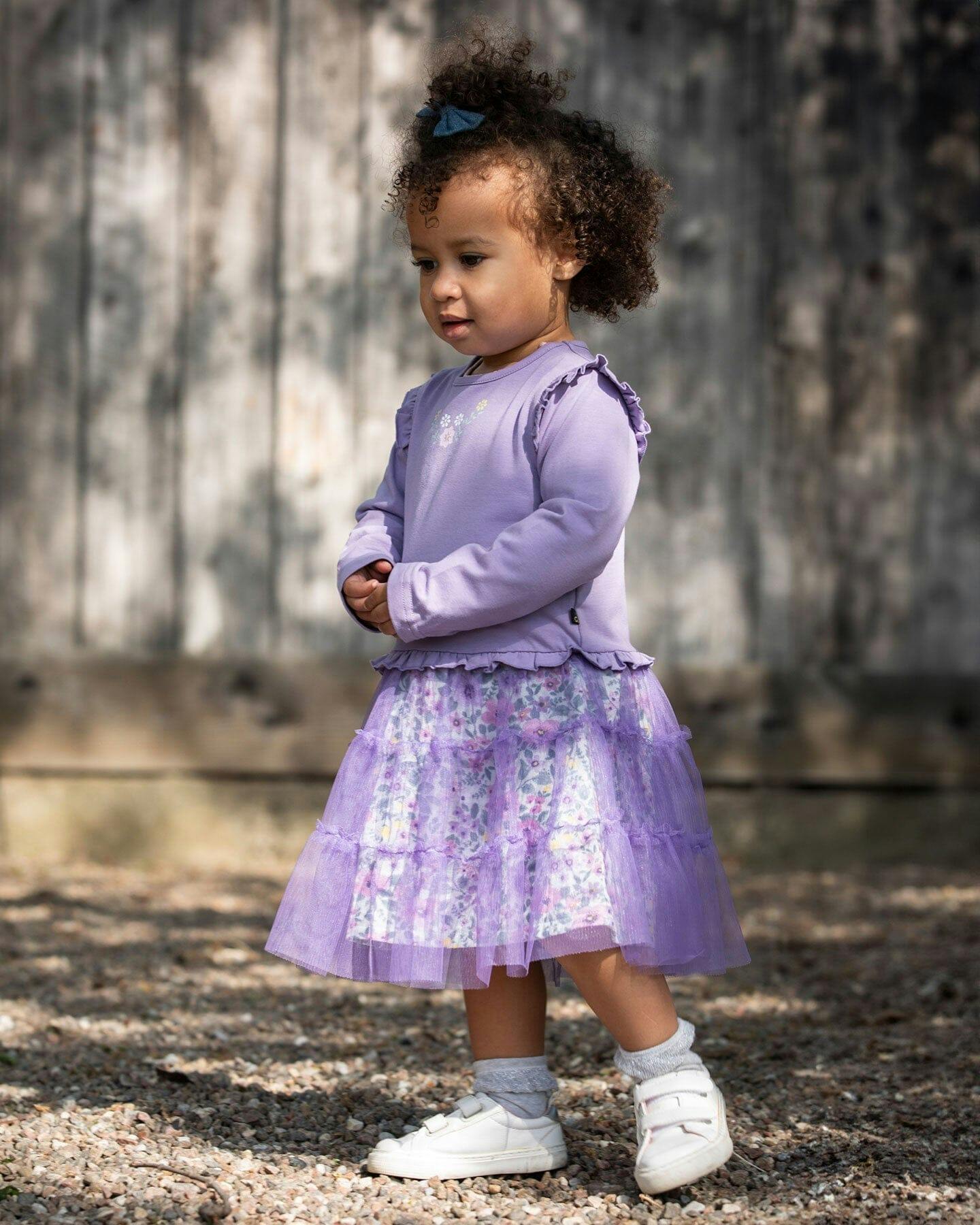 Bi-Material Dress with Muslin and Mesh Skirt