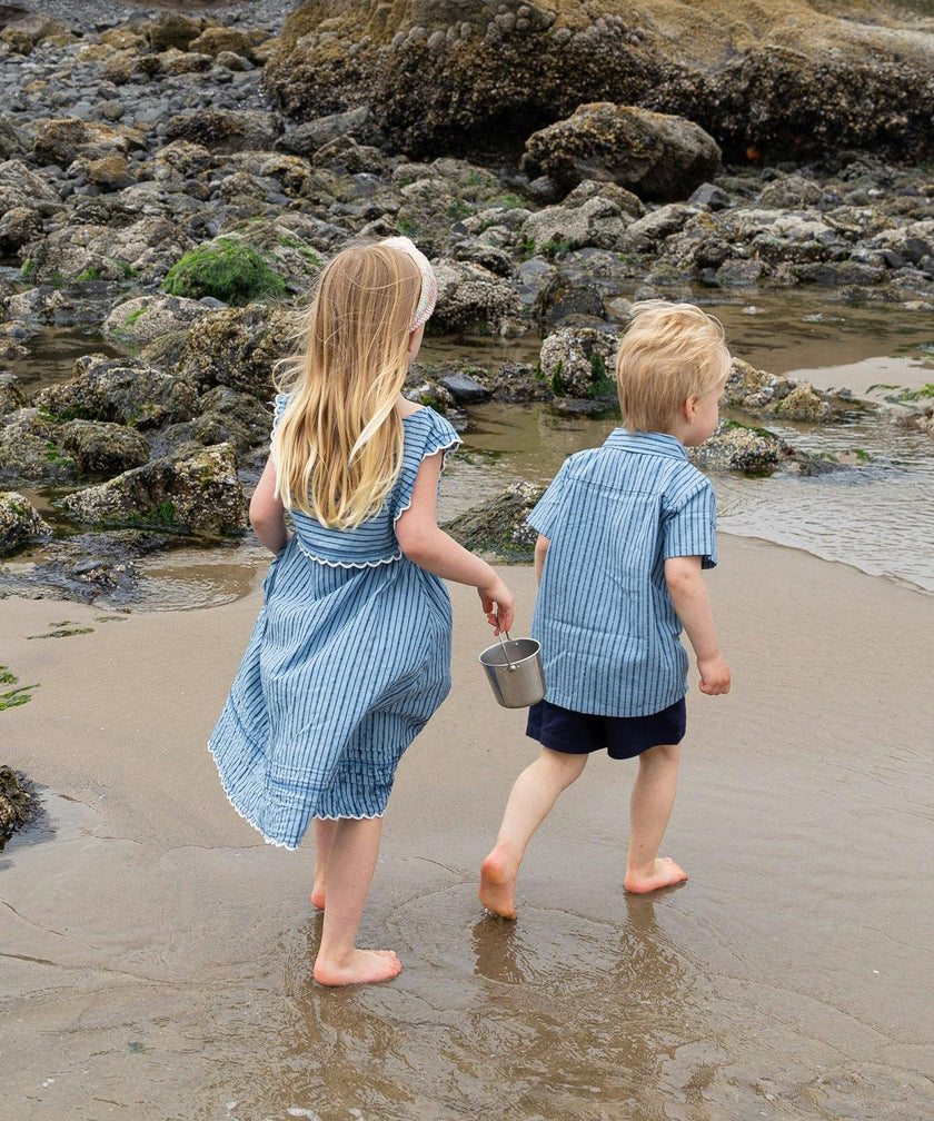 Clairette Dress, Navy Ladder Stripe